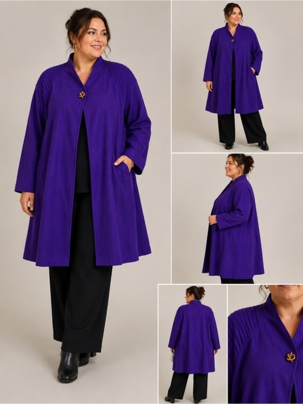 Gallery Woman Purple Wool Swing Coat Jacket Pleated Shoulder Long Size 2X Teflon